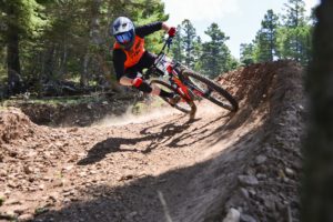 A mountain biker races during the Fire 5 Downhill Race Series